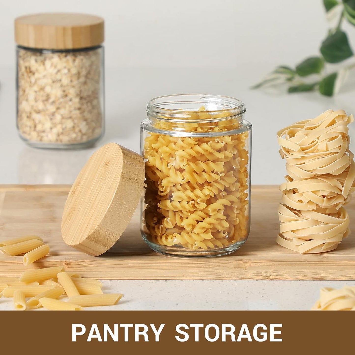 POLCANUR Glass jars with Bamboo Lids 4 pack,16oz Overnight Oats Containers, Reusable Wide mouth Salad jars, Glass Food Storage Containers for Snacks Yogurt Spice Sugar