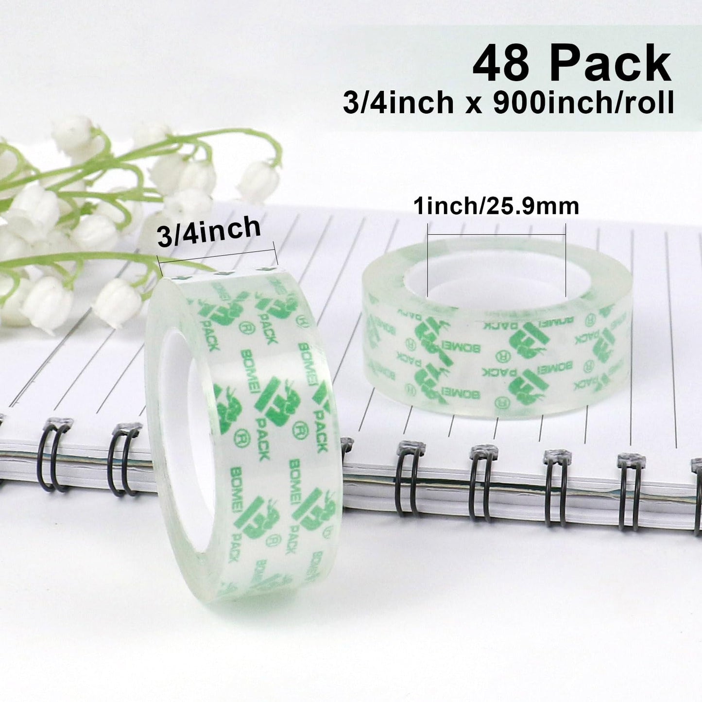 BOMEI PACK 48 Rolls Crystal Clear Transparent Tape, Stationery Tape Refills Rolls for Dispenser, 3/4 in x 900 in,1 inch Core, Gift Wrapping Clear Tape Bulk for Office, School and Home