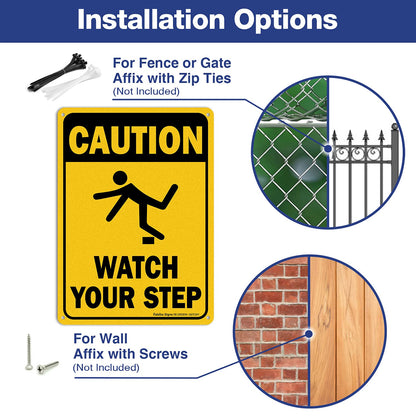 (4 Pack) Caution Watch Your Step Sign Safety Sign, 10 x 7 Inches rectangle, .040 Rust Free Aluminum, UV Protected and Waterproof, Weather Resistant, Durable Ink, Easy to Mount