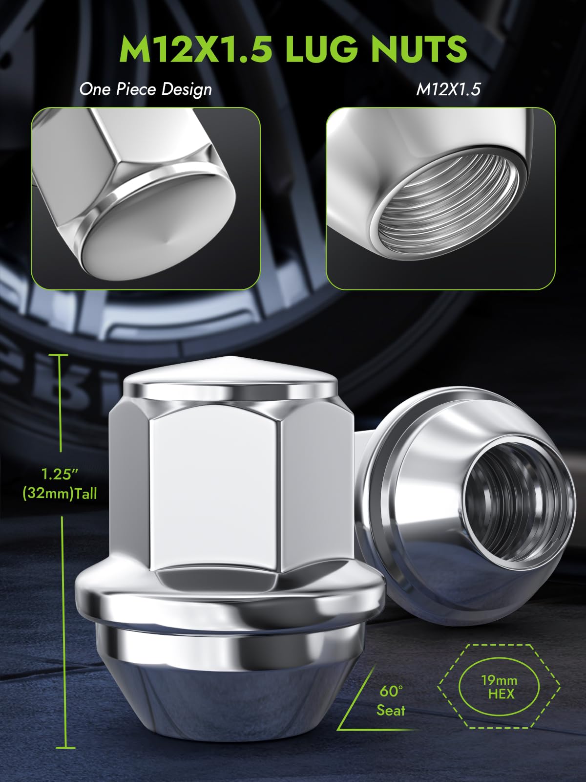 AUTOPTIM M12x1.5 Lug Nuts - Replacement for 2001-2022 Escape, 2012-2018 Focus, 2006-2020 Fusion, 2011-2022 Fiesta, Chrome Wheel Lug Nut (20pcs) Titanium-Coated Chrome Silver Finish