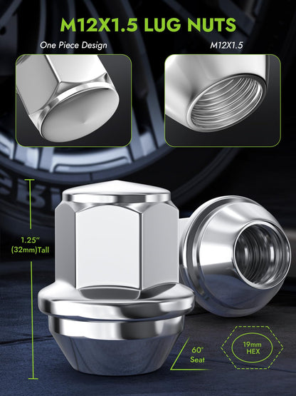 AUTOPTIM M12x1.5 Lug Nuts - Replacement for 2001-2022 Escape, 2012-2018 Focus, 2006-2020 Fusion, 2011-2022 Fiesta, Chrome Wheel Lug Nut (20pcs) Titanium-Coated Chrome Silver Finish