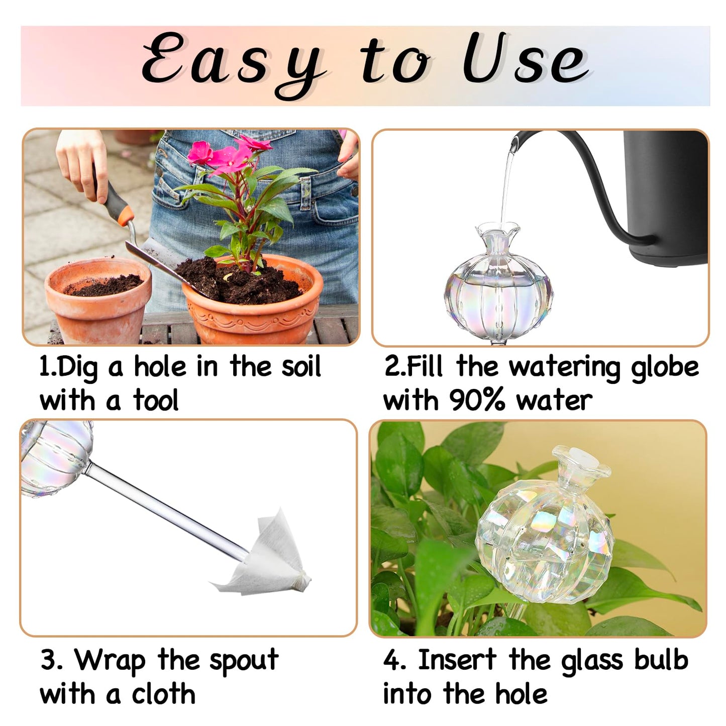 Solaroxy 4 PCS Self Plant Watering Globes Insert, Clear Glass Watering Bulbs with Removable Sealing Plug, Plant Waterer for Indoor & Outdoor Plants Flowers (5 oz)