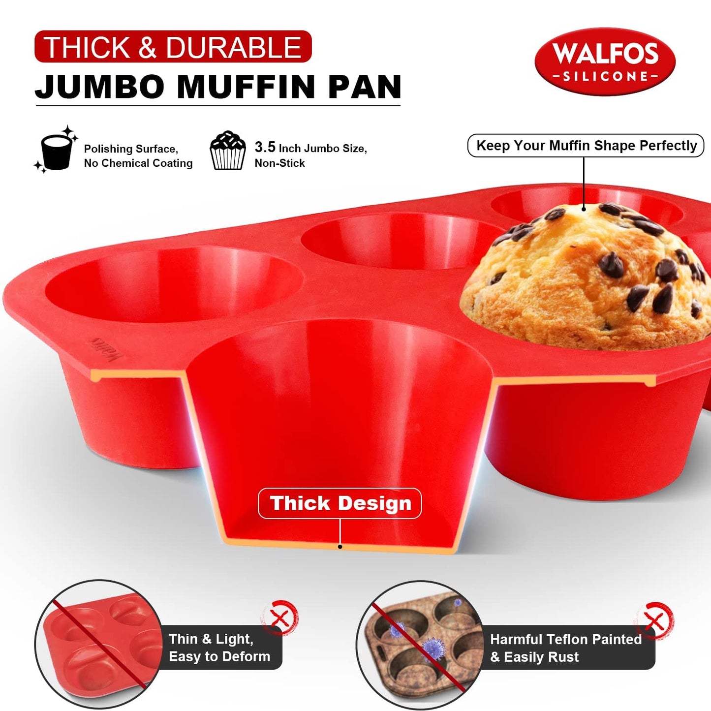 Walfos Silicone Jumbo Muffin Pan Set- 6 Cup Large Silicone Cupcake Pan, BPA Free Silicone Perfect for Egg Muffins, Big Cupcakes - Non-Stick and Dishwasher Safe, Set of 2