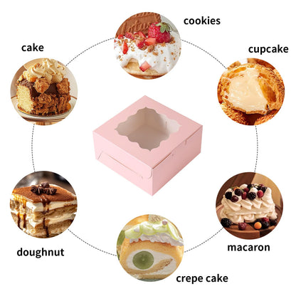 PFAMKEER 36 pcs 6x6x3 Inches Small Cake Box with Window, Bakery Pastry Cookie Boxes, Mini Pie for Pastry,Dessert,Strawberries,Chocolates, Cupcakes with paper stickers (Pink)