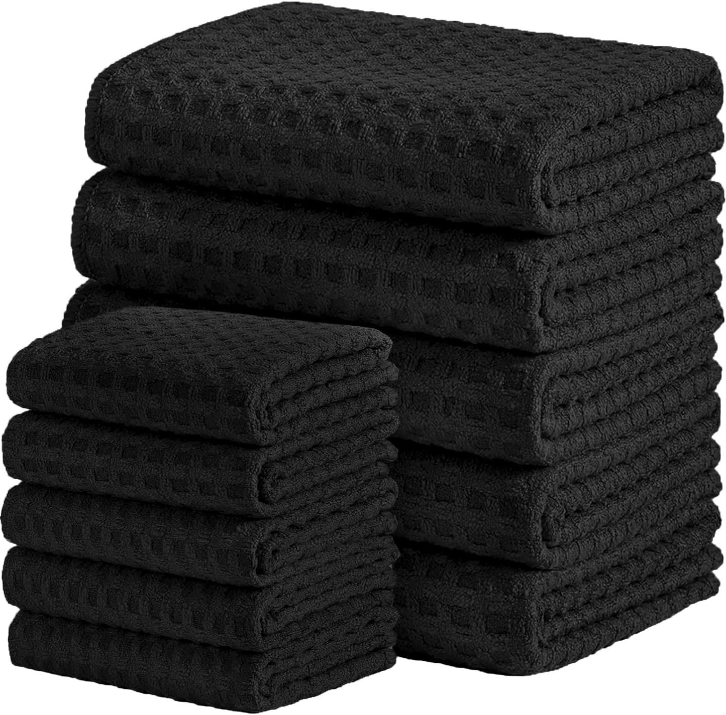 Waffle Weave Kitchen Towels and Dishcloths Set, 26 X 18 Inch and 12 X 12 Inch, Set of 10 Black Lint Free Dish Towels for Drying Dishes (Black, Kitchen Towel Set)