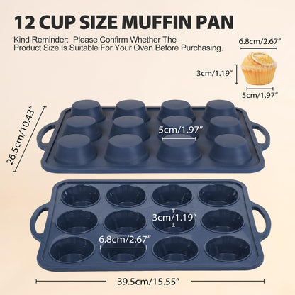 Vnray 2 Pack Silicone Muffin Pan with Metal Frame, Non Stick Silicone Cupcake Pan with Handles Regular 12 Cup, BPA Free Silicon Muffin Tin Tray for Baking, Egg Bites, Cupcake Mold Grey