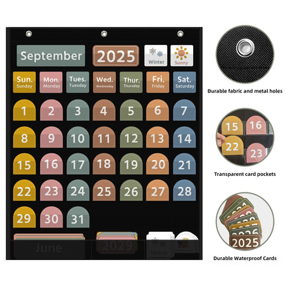 REGELETO Large Boho Calendar Pocket Chart with 96 Cards for Classroom, Size:32.25 x 24.125 inch Black Monthly Calendar and Weather Pocket Chart for Students Learning for Home or school.