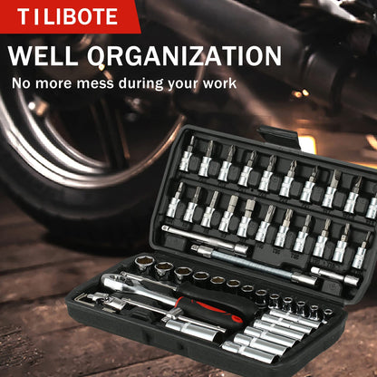 TILIBOTE Socket Wrench Set, 53PCS 1/4 Inch Ratcheting Wrench Set and Extension Bar Gimbal Slide Bar Extension Sockets, Set for Automotive Repair and Home Use.