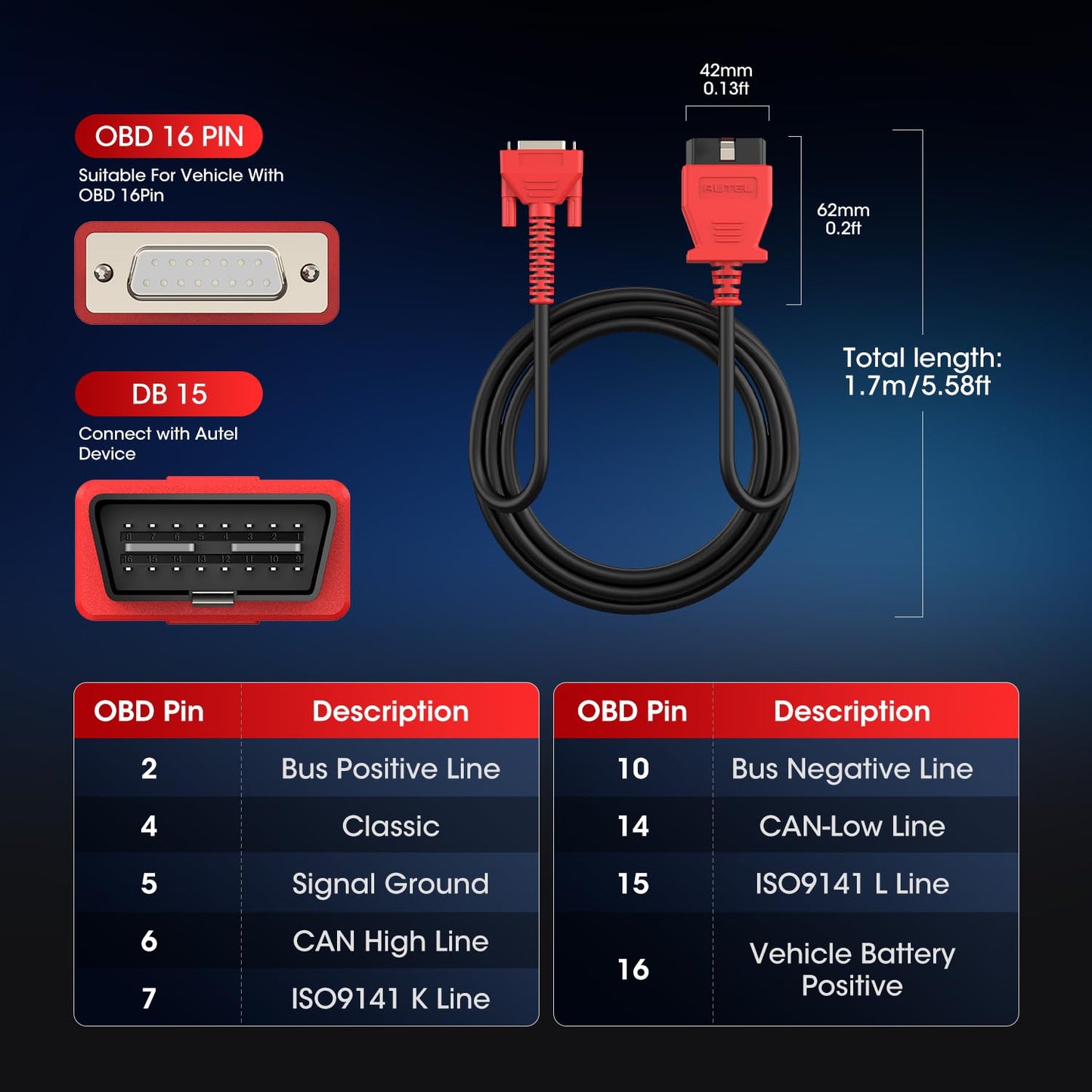 Autel Original OBD2 Main Test Cable, 5.6ft 1.7M, 16 Pin OBDII Diagnostic Test Cable, Work with Scanner MK808 MK808S MK808Z MX808 MX808S MP808 MP808S MP808K DS708 DS808 MS906 MS908, IM508 IM508S