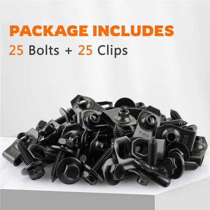 GoaMotors 50PCS 1/4 Body Fasteners - 25 Bolts & 25 U-Nut Clips for Fender, Engine Cover & Splash Shield