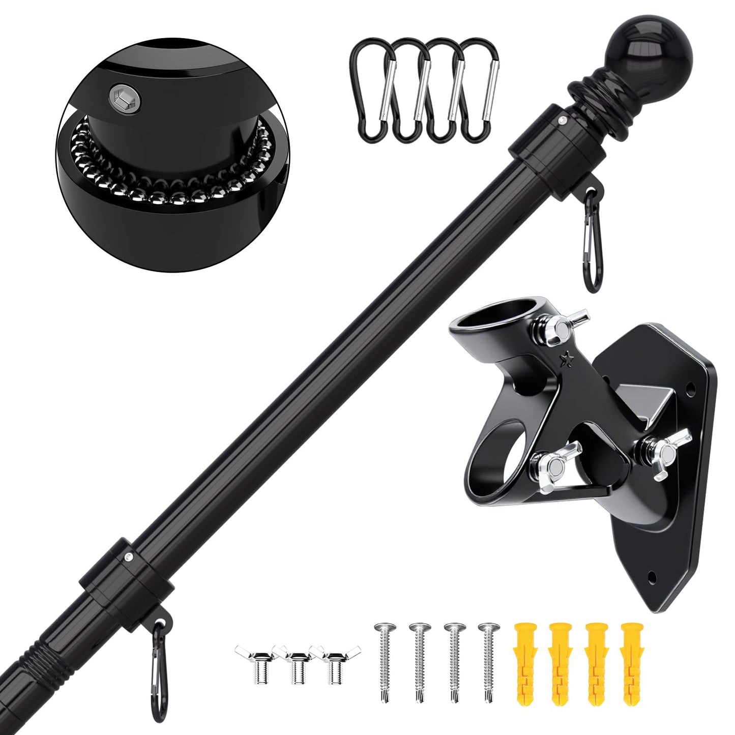 Flag Pole - Tangle Free Flagpole with Upgraded Bracket, 6 FT Stainless Steel Flag Poles for Outside House, Residential or Commerical - Flag Pole Kit for Proud Canadian Flag (Without Flag, Black)