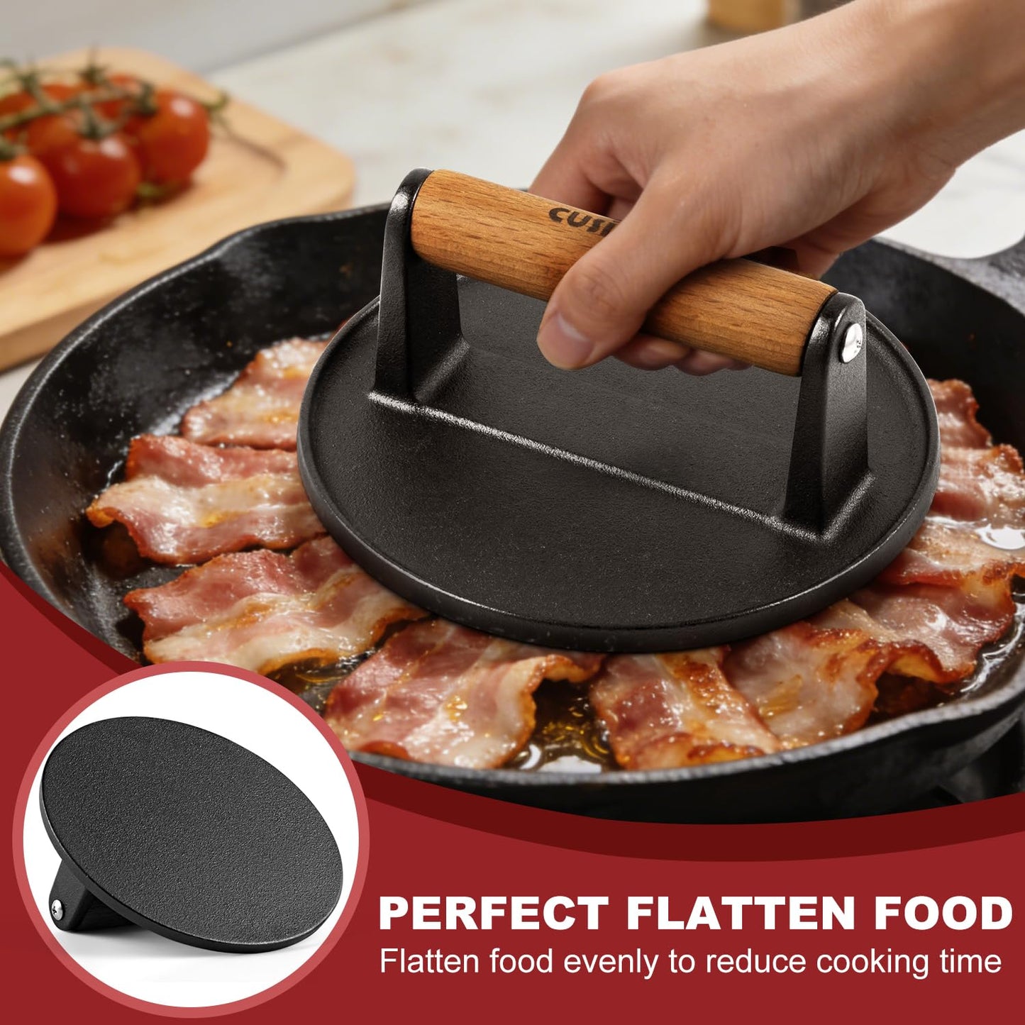 CUSIMAX Smashed Burger Press Cast Iron, 6.3" Heavy-Duty Burger Smasher with Wood Grip, Round Flat Grill Press for Smash Burgers, Meats, Bacon, Burger Smasher Tool for Grill&Griddle Accessories