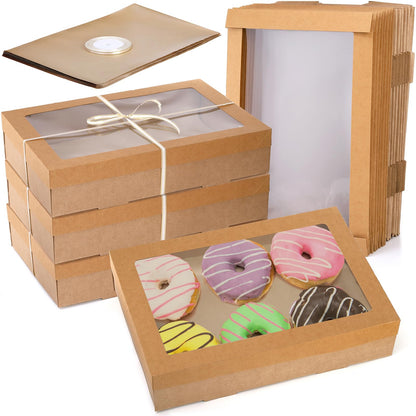 Yarlung 10 Pack Kraft Bakery Box with Clear Window Lid, 14"x10"x3" Foldable Brown Paperboard, Food Wrapping Tray with Greaseproof Paper for Cookies, Donuts, Pies, Picnic, Gift Packaging Ribbon