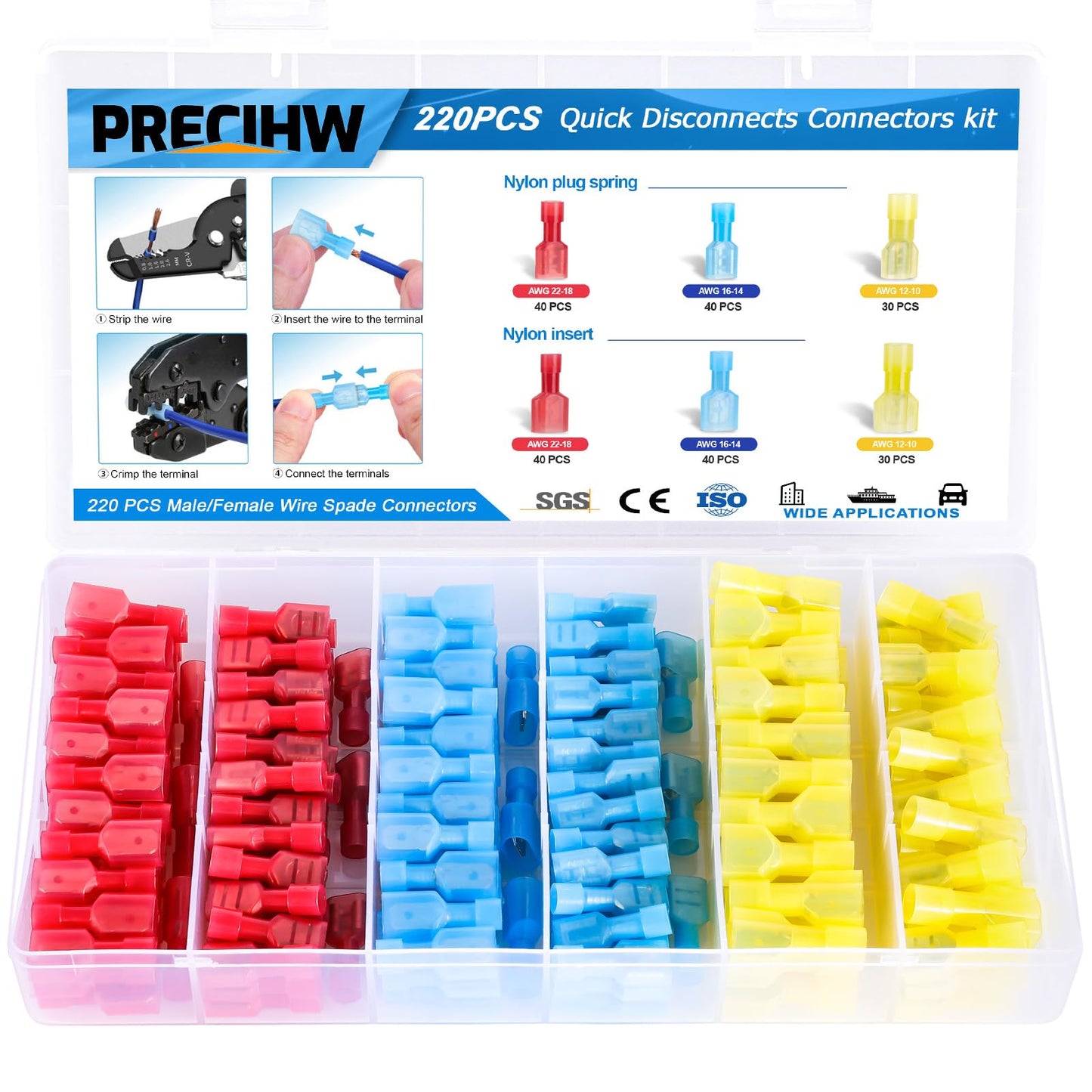 220 Pcs Nylon Spade Quick Disconnect Connectors Kit, 22-18/16-14/12-10 A.W.G, Nylon Fully Insulated Quick Disconnects, Wire Terminal Connectors (Red/Blue/Yellow)