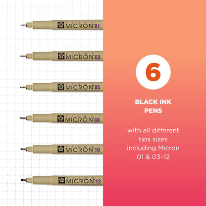 Sakura Pigma Micron Fineliner Pens - Archival Black Ink Pens - Pens for Writing, Drawing, or Journaling - Assorted Point Sizes - 6 Pack