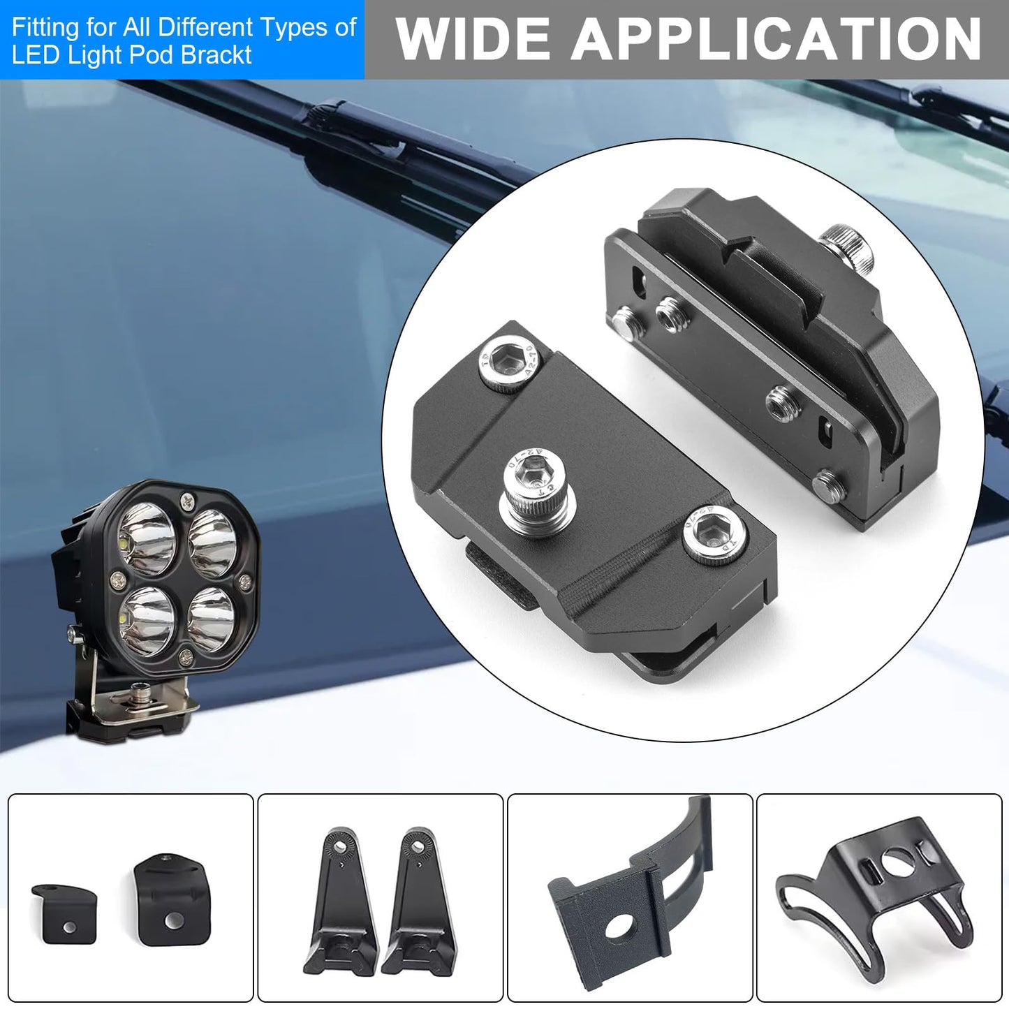 2PCS Universal Hood Light Mounting Brackets Ditch Light Brackets Adjustable Aluminum Alloy Pillar Hood Led Work Light pods Mount Bracket for Truck SUV Cars, No Drilling