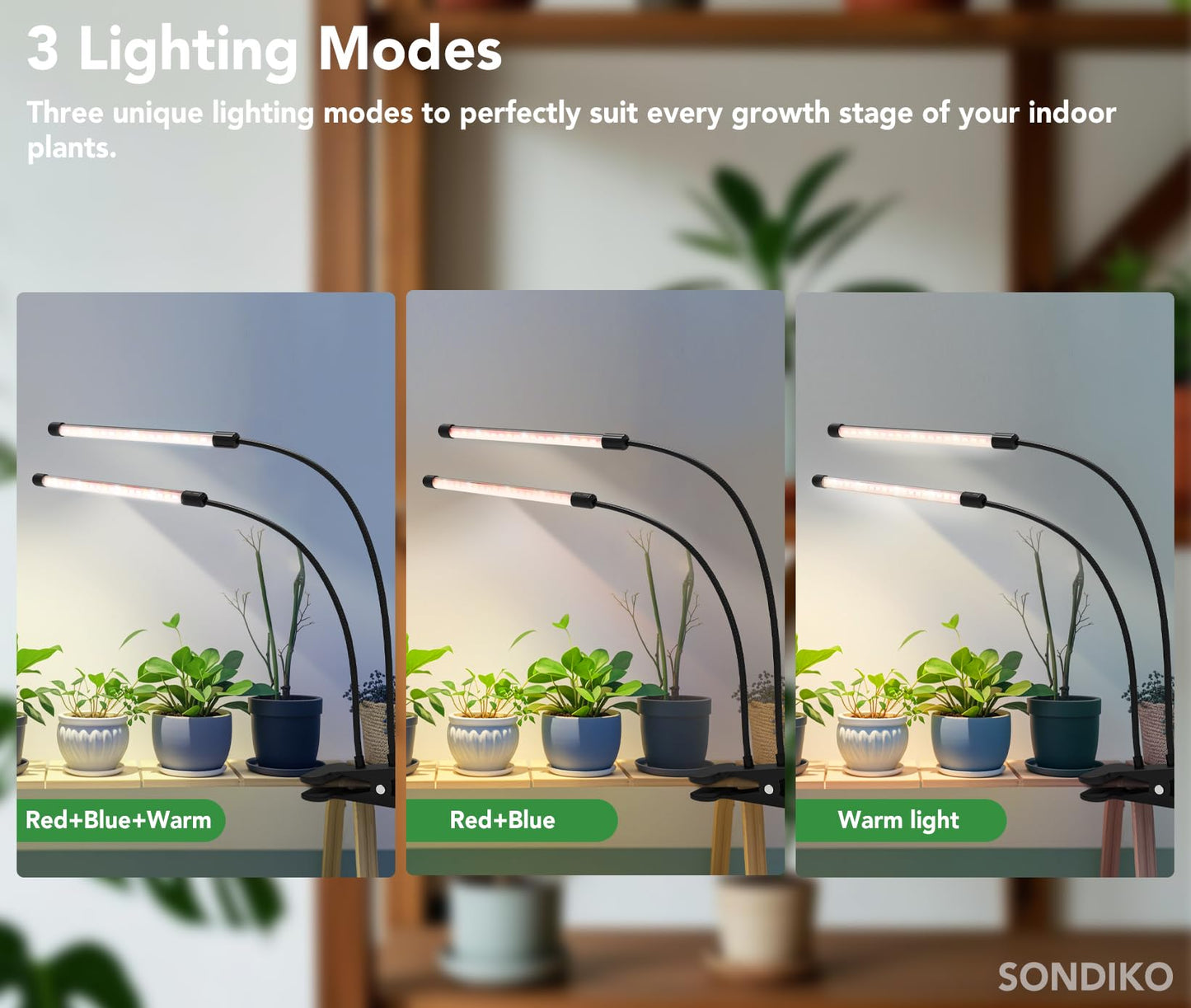 Sondiko Grow Lights for Indoor Plants Full Spectrum, 2 Heads Plant Lights Indoor with 3 Spectral Modes, 10 Level Brightness, Auto On/Off Timer, Memory Timing Function for Various Plants Growth