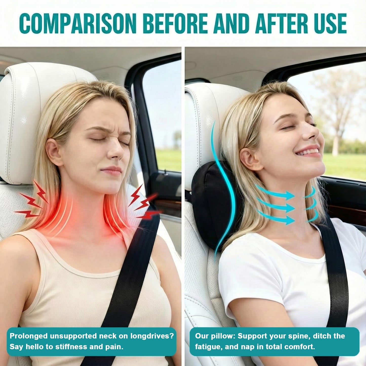 2PCS Welbrit Car Pillow for Car Neck Pillow for Driving Seat Leather Neck Support Soft Cushion Back Support Head-Rests for Vehicle Sleeping with Elastic Adjustment Strap (Black, Head)