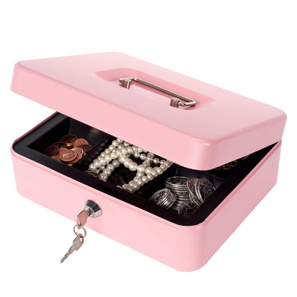 Cash Box with Lock and Money Tray Metal Money Box for Cash Lock Box for Money Safe 9.84" x 7.87" x 3.54" Large Pink