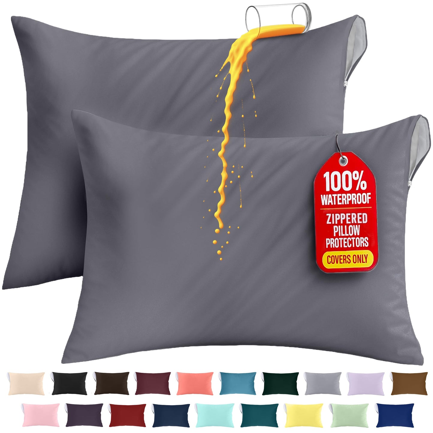 Utopia Bedding Waterproof Pillow Protectors Zippered Queen Size (2 Pack, Gray), Zippered Pillowcases, Bed Bug Proof Pillow Encasement Covers 20 x 28 Inches