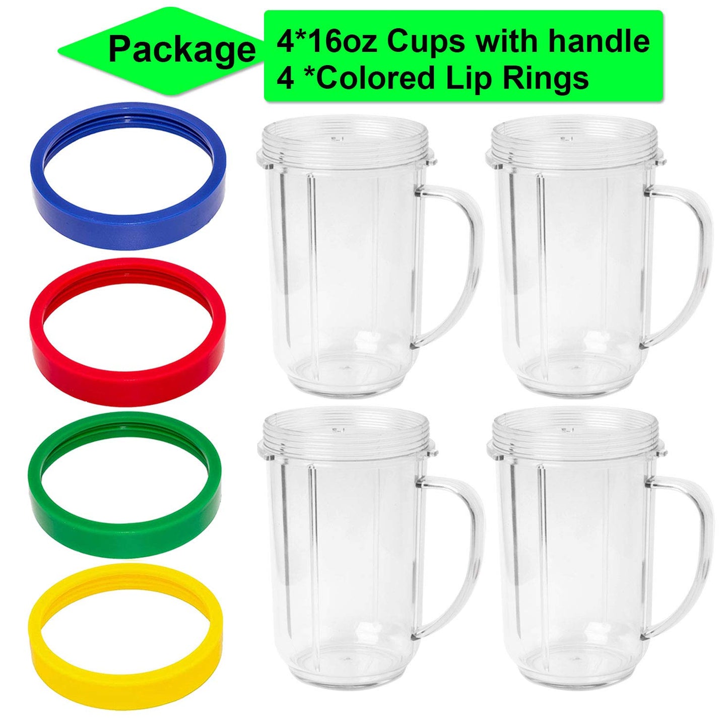 16oz Cups Compatible with Original Magic Bullet Blender Juicer 250W MB-1001 Party Cups Mugs with Colored Lip Rings,No Lids(Pack of 4)