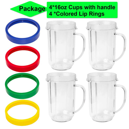 16oz Cups Compatible with Original Magic Bullet Blender Juicer 250W MB-1001 Party Cups Mugs with Colored Lip Rings,No Lids(Pack of 4)