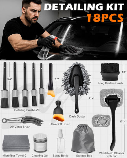 Viewmax Windshield Cleaner Tool, 18Pcs Car Interior Detailing Brush Set, Inside Windshield Cleaning Kit with 200g Cleaning Gel, Duster Brush, 2 Microfiber Pads, Car Detailing Supplies for Men (Gray)