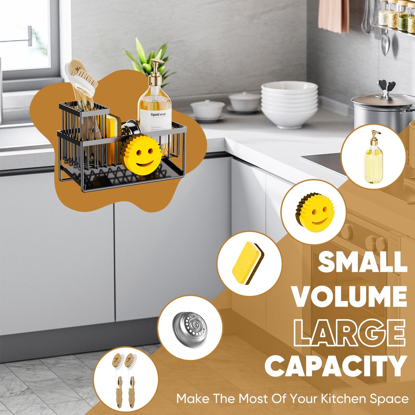 Sponge Holder for Kitchen Sink,Smiley Face Sink Caddy with Removable Brush Holder,Self-Draining Sponge Caddy for Soap,Dish Brush,Scrubber,Kitchen Essentials and Gadgets Essentials and Gadgets