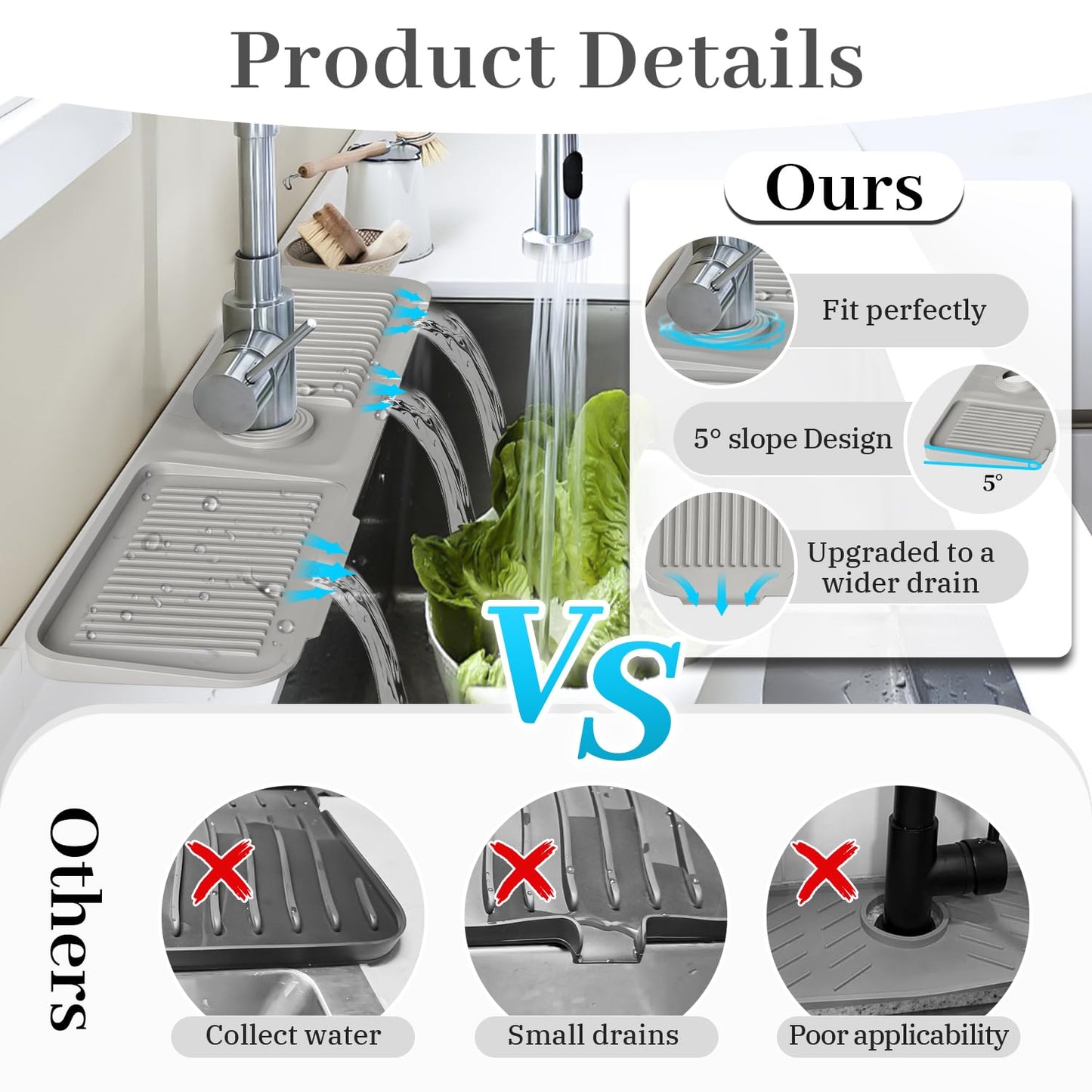 PoYang 24 inch Kitchen Sink Splash Guard, Silicone Draining Mat for Sink Longer Silicone Faucet Drainer Pad, Sink Protector for Kitchen Sink Mat, Sponge Holder for Kitchen Sink Accessories, Light Grey