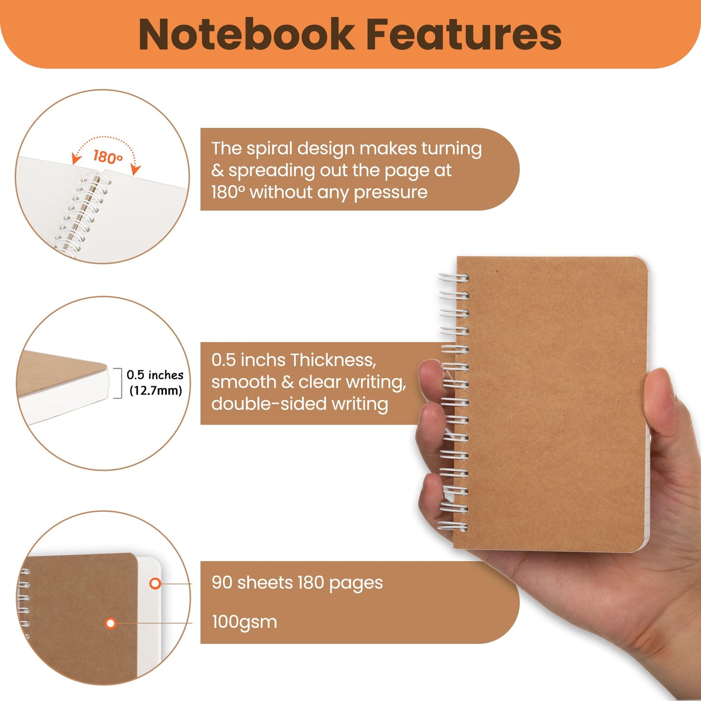 Spiral Notebook, 5 Pack Aesthetic Notebooks Spiral Journal Notepad Kraft Cover Lay Flat Sketchbook Journals for Writing Drawing Note Taking, 3.5”x5.5”, 180 Ruled Pages, 90 Sheets