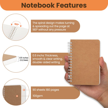Spiral Notebook, 5 Pack Aesthetic Notebooks Spiral Journal Notepad Kraft Cover Lay Flat Sketchbook Journals for Writing Drawing Note Taking, 3.5”x5.5”, 180 Ruled Pages, 90 Sheets