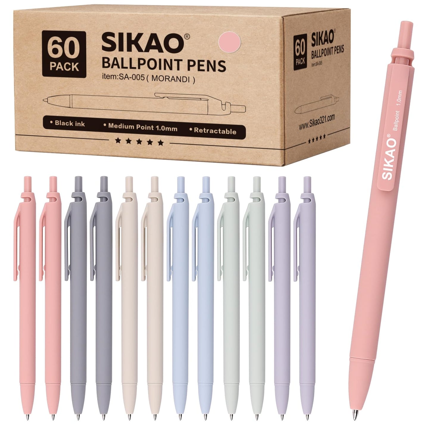 Sikao Morandi Pens Bulk 60 Pack – Smooth Writing 1.0mm, Click Ballpoint Pens with Black Ink, Aesthetic Soft Pens for School, Office, Journaling & Gift Use