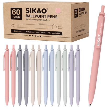 Sikao Morandi Pens Bulk 60 Pack – Smooth Writing 1.0mm, Click Ballpoint Pens with Black Ink, Aesthetic Soft Pens for School, Office, Journaling & Gift Use