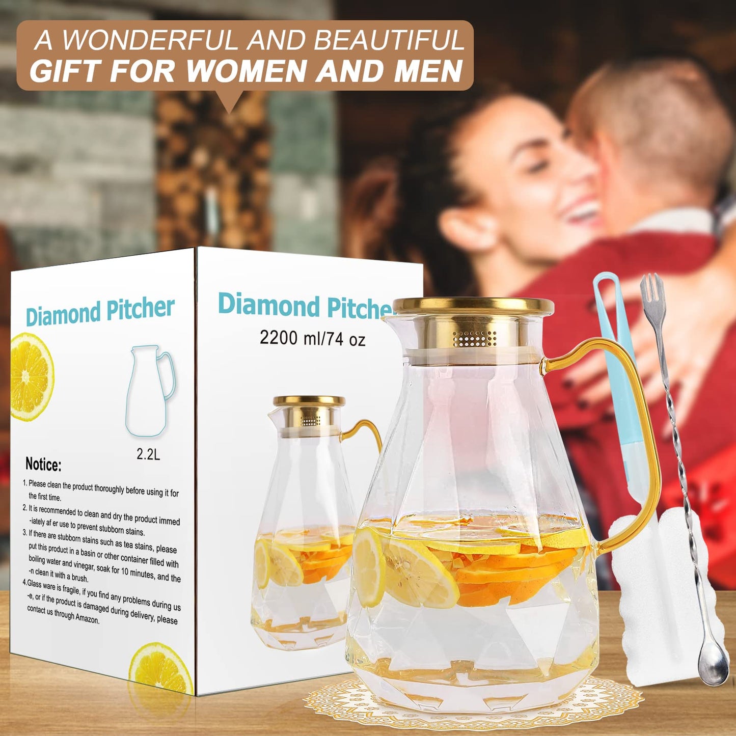 Yirilan Glass Water Jug, Glass Pitcher with Lid 74OZ/2.2L Water Pitcher with Lid Handle, Juice Pitcher Jug, Carafe