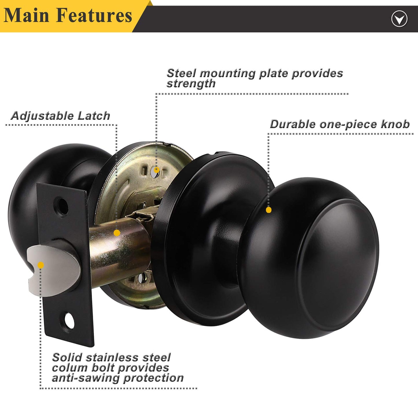 Probrico Black Door Knobs Interior 1 Pack, Interior Passage Keyless Door Knob Set Flat Ball Knob for Hallway or Closet, Matte Black Finish Knob, 1 Pack