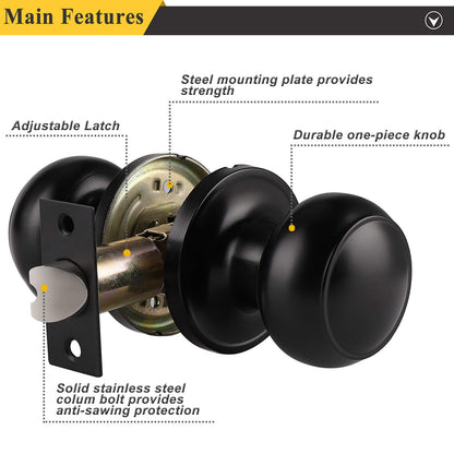 Probrico Black Door Knobs Interior 1 Pack, Interior Passage Keyless Door Knob Set Flat Ball Knob for Hallway or Closet, Matte Black Finish Knob, 1 Pack
