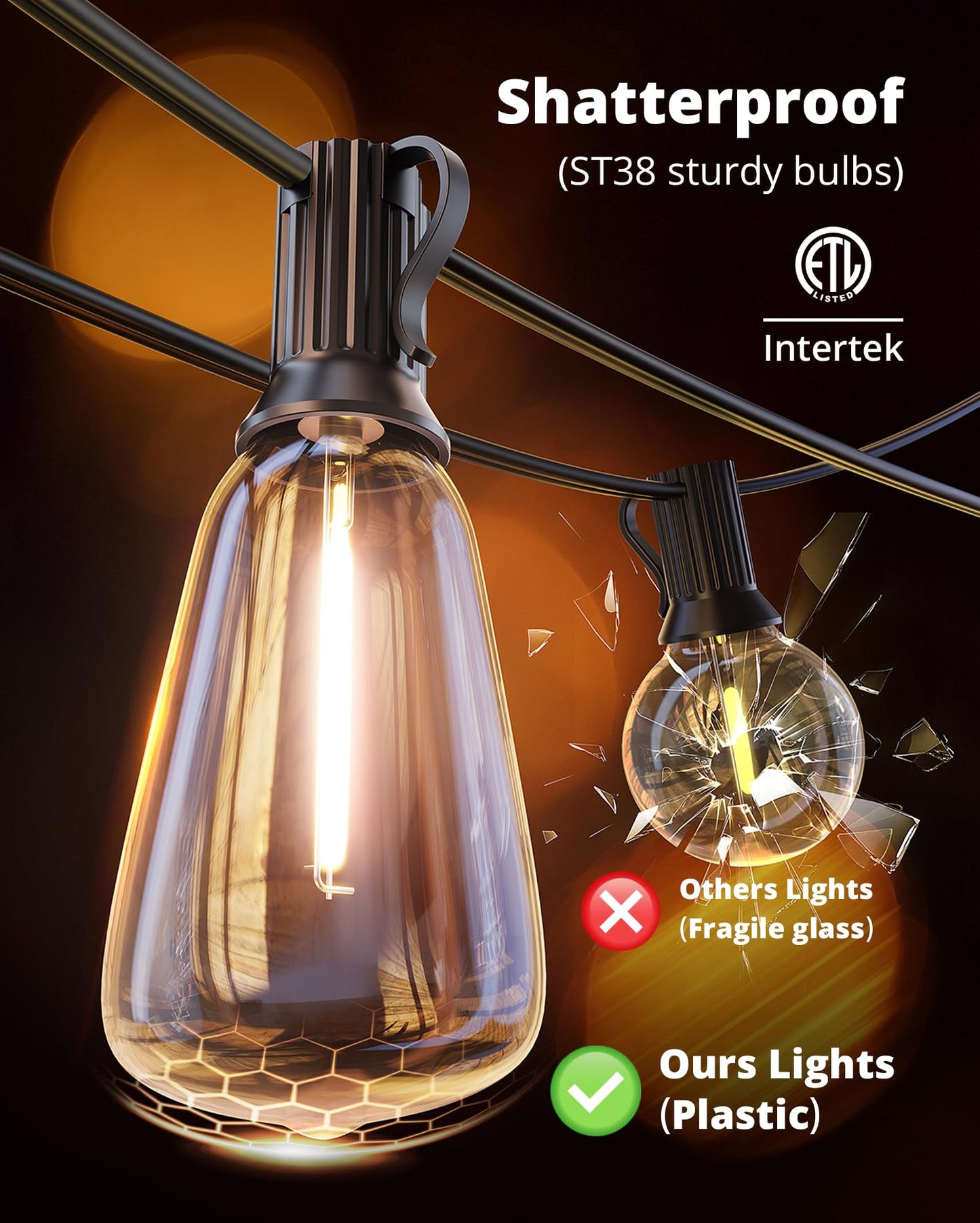 VIPAR Outdoor String Lights 60FT LED Patio Lights Waterproof with 28 Shatterproof ST38 Edison Bulbs Outside Hanging Light Dimmable Connectable for Porch, Deck, Garden, Backyard, Balcony, Decor, 2700K