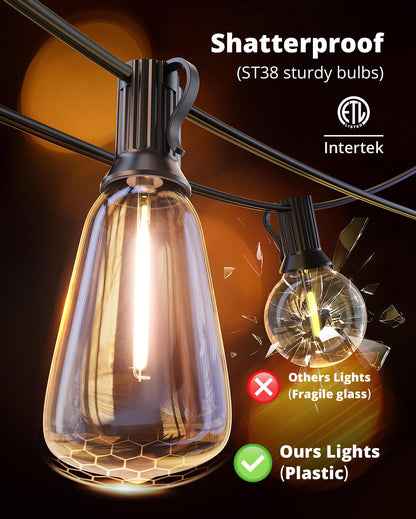 VIPAR Outdoor String Lights 60FT LED Patio Lights Waterproof with 28 Shatterproof ST38 Edison Bulbs Outside Hanging Light Dimmable Connectable for Porch, Deck, Garden, Backyard, Balcony, Decor, 2700K