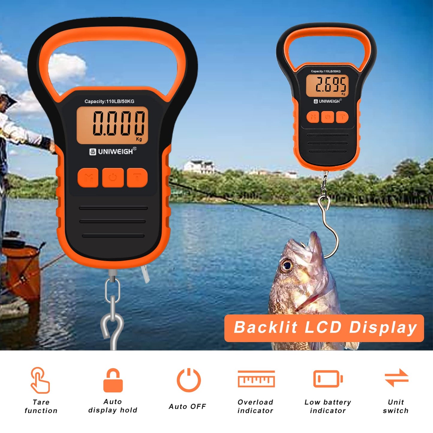 UNIWEIGH Digital Fish Scale Luggage Scale with Fish Lip Gripper, Backlight LCD Display 110lb/50kg Electronic Balance Digital Fishing Postal Hanging Hook Luggage Scale 2 AAA Batteries Included