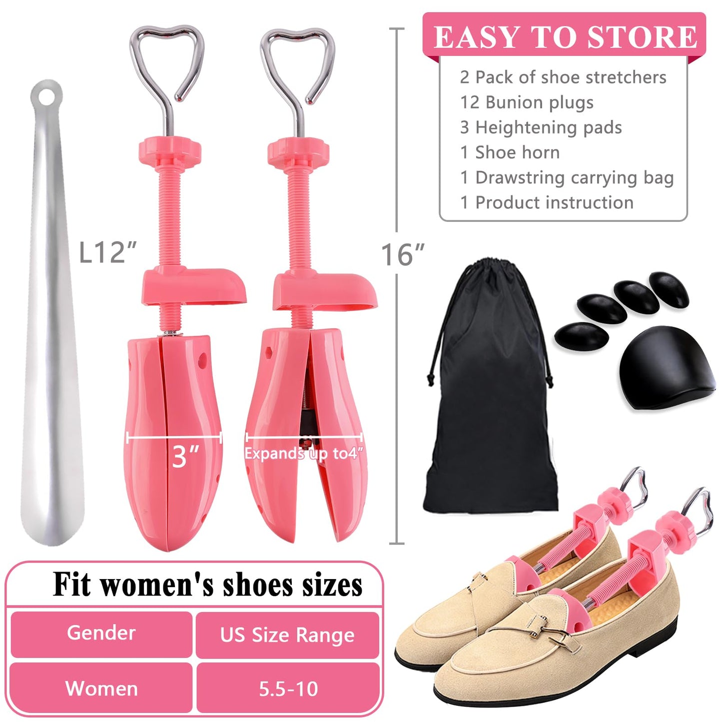 Shoe Stretcher Women, Pair of 4-way Adjustable Shoe Widener Expander to Stretch Length Width Height for Wide Feet, Tough Plastic Shoe Tree Shaper with Bonus 12 Bunion Plugs, Medium