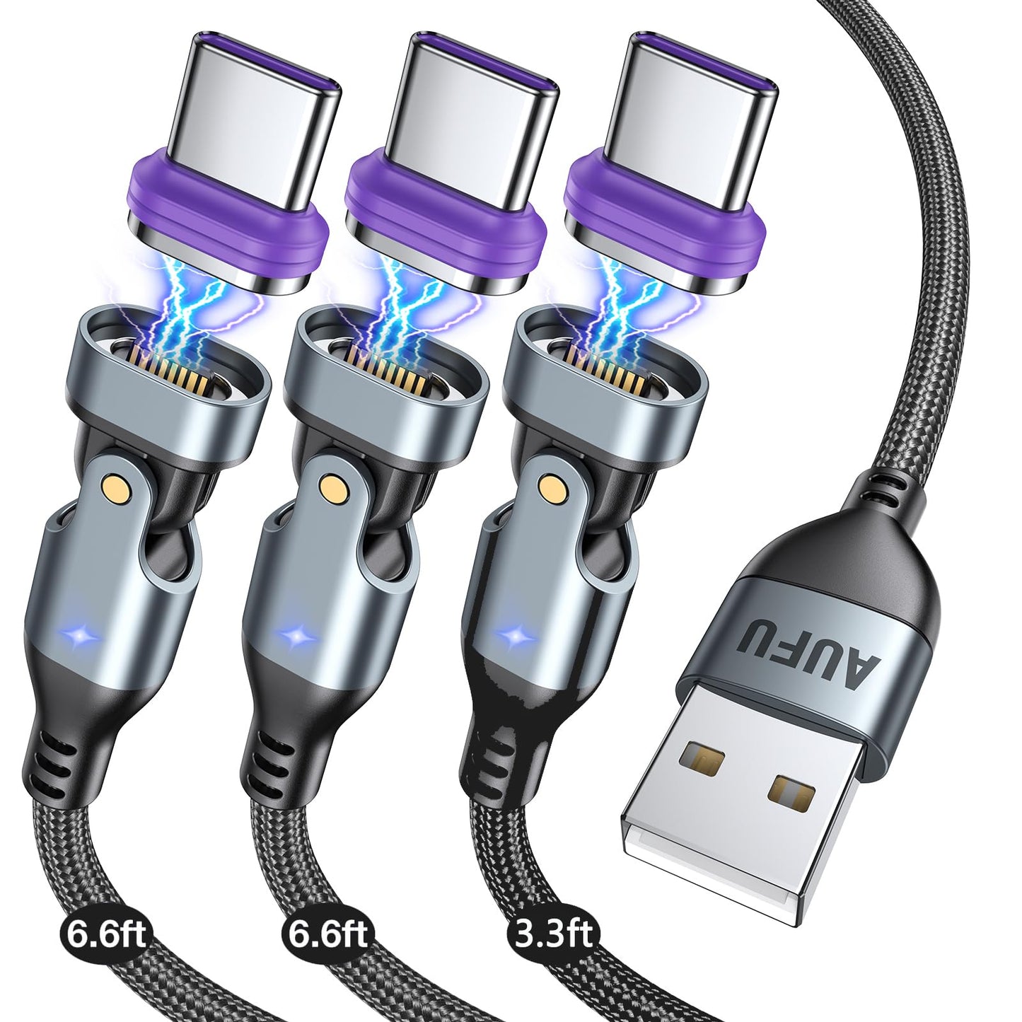 AUFU 16PIN Magnetic USB C Charging Cable (3Pack, 3.3/6.6/6.6ft), 180° Rotation Magnetic Charging Cable/Magnetic USB C Cable/Magnet Phone Charger/Date Transfer Cable for 1Phone16/15/Tablet/Laptop