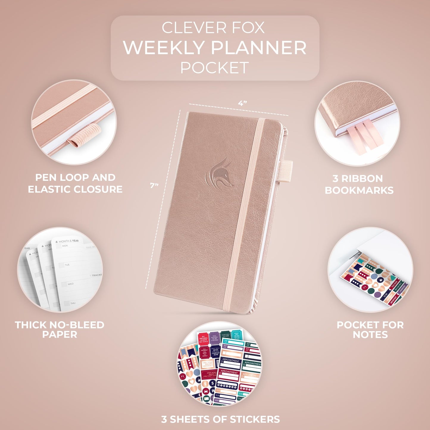 Clever Fox Pocket Planner Weekly – Undated Monthly Goal Planner and Calendar for Increasing Productivity, Mini Planner Perfect for Purse, Size: 3.7" x 6.7", Start Anytime, Lasts 1 Year – Rose Gold