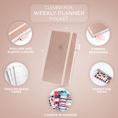 Clever Fox Pocket Planner Weekly – Undated Monthly Goal Planner and Calendar for Increasing Productivity, Mini Planner Perfect for Purse, Size: 3.7" x 6.7", Start Anytime, Lasts 1 Year – Rose Gold