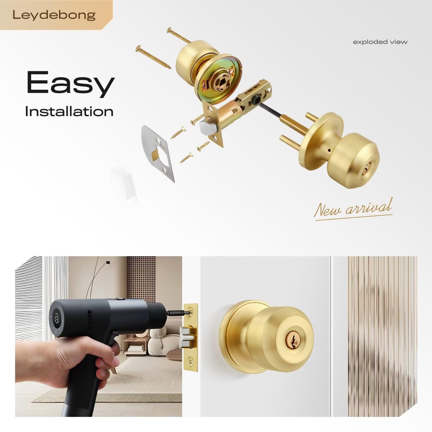 Leydebong 1 Pack Keyed Entry Door Knobs with Lock, Gold Door Locks, Interior and Exterior Door Lock, Reversible for Right/Left Handing
