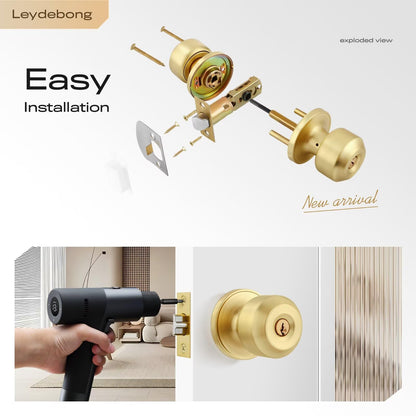 Leydebong 1 Pack Keyed Entry Door Knobs with Lock, Gold Door Locks, Interior and Exterior Door Lock, Reversible for Right/Left Handing