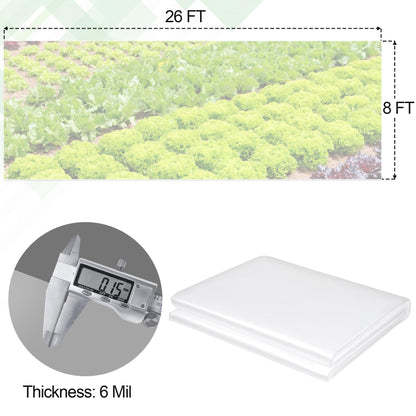 8 x 26 FT Clear Greenhouse Plastic Sheeting, 6 Mil Polyethylene Film Heavy Duty, Water Sun Frost Wind Dust Resistant Winter Hoop House Toughness Plastic Cover for Farming, Gardening, Agriculture, DIY