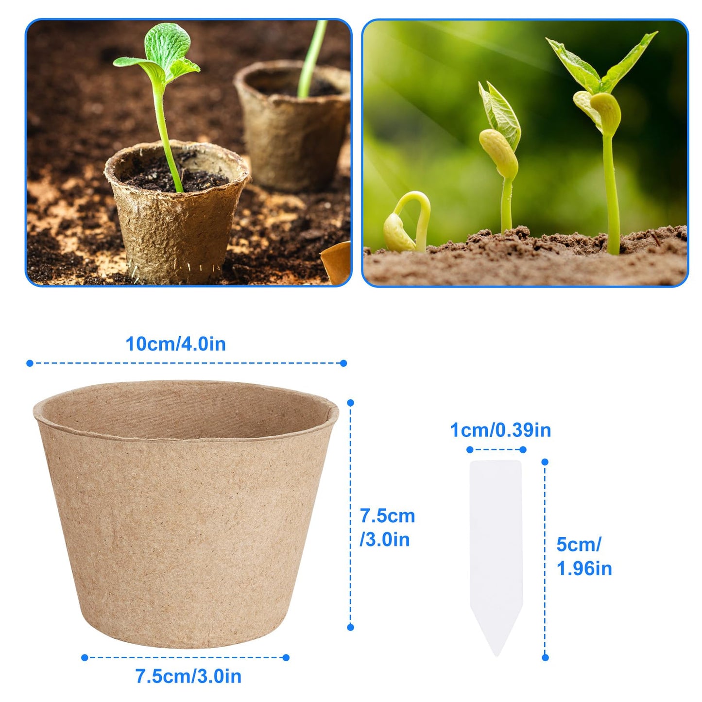 10cm Peat Pots, 130 Pcs Seed Starting Pot with Drainage Holes, Round Seedling Nursery Box, Small Seed Starting Starter Tray Bulk, Garden Germination Container with Bonus 130 Plant Labels