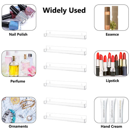 AMEITECH 6 Pack Acrylic Nail Polish Rack, Clear Wall Mounted Shelf Holder 90 Bottles, Nail Polish Organizer and Storage with Anti-Slip End Inserts, 15 Inch