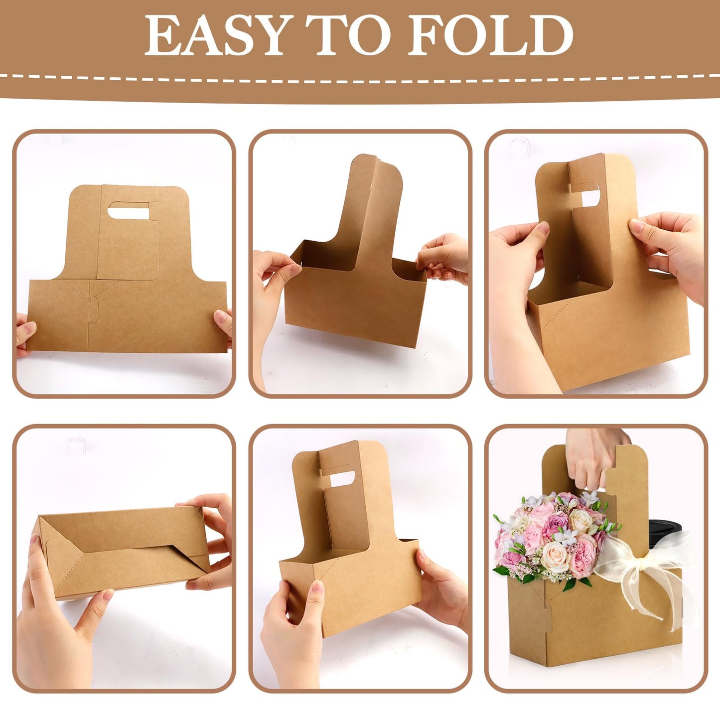 Zoyiancy 30 Pcs Kraft Flower Gift Bags, 2 Cup Drink Carrier with Handle, Floral Wrap Packing Box Paper Holder Basket for Appreciation Gift Birthday Party Favors
