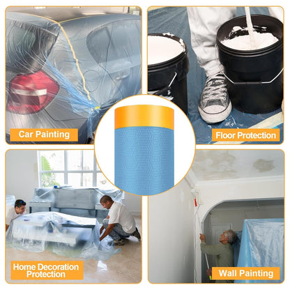 Pre-Taped Masking Film for Painting - 60" x 66' Painters Plastic Sheeting with Automotive Paint Tape and Drape for Covering Cars, Walls, Windows and Furniture Protection (4 Rolls)